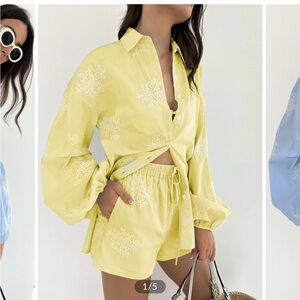 Commense Semi-Sheer Plant Embroidery Casual Shorts Set